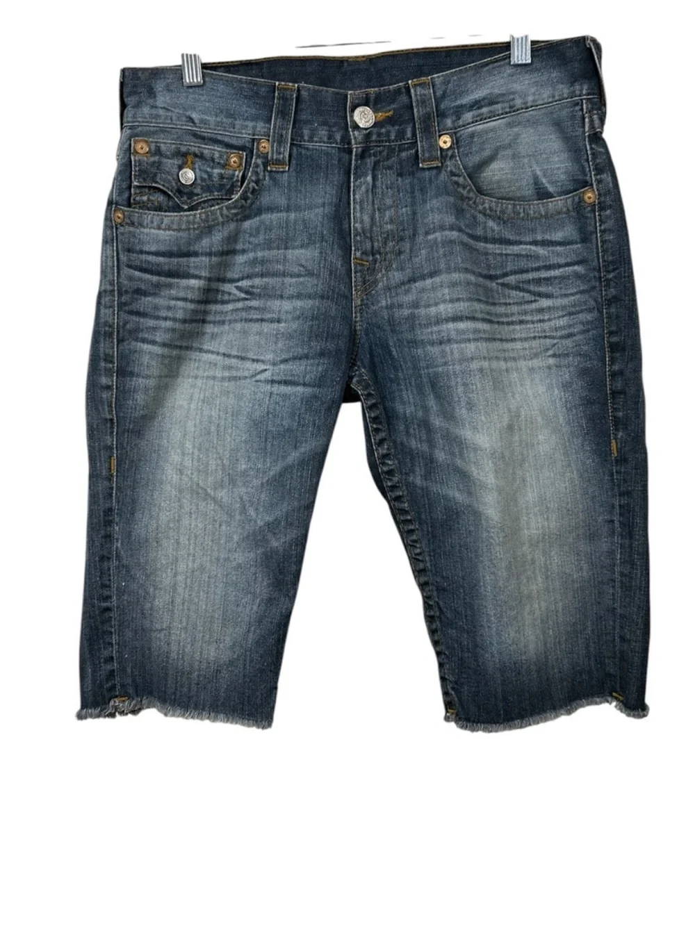 True Religion Men's Distressed Dark Blue Denim Cutoff Bermuda Shorts EUC size 32